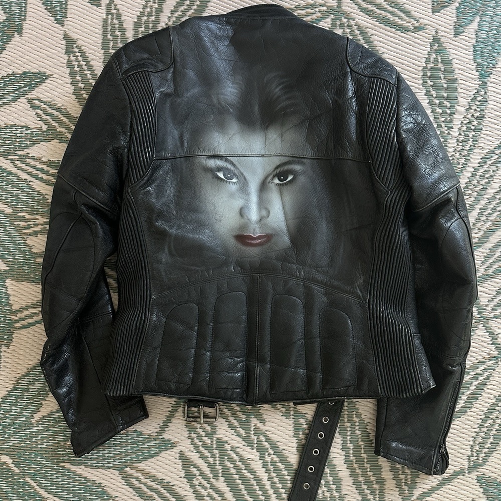 VTG 1980s Wilsons Black Leather Motorcycle Jacket 40 Custom Airbrush READ AS IS